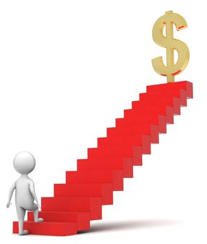 3d man walking into stair with dollar sign on the top of it concept in white isolated background , front angle view