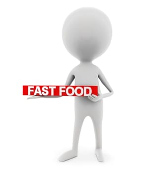 3d man presenting fast food concept in white background, front angle view
