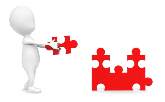 3d man holding puzzle in hands to solve a puzzle concept in white isolated background - 3d rendering , front angle view