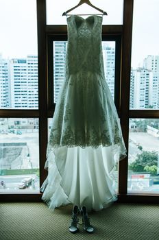 White wedding dress with shoes