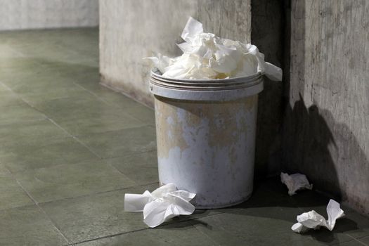 Waste toilet paper, Garbage bin, Trash toilet paper dirty full of trash can bin old in a toilet