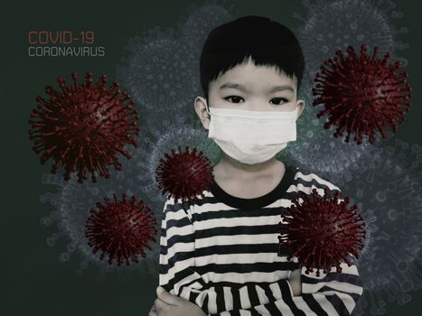 Asian boy wearing protective mask epidemic Coronavirus Wuhan, Child protects PM 2.5 dust and air pollution or respiratory virus. COVID-19.