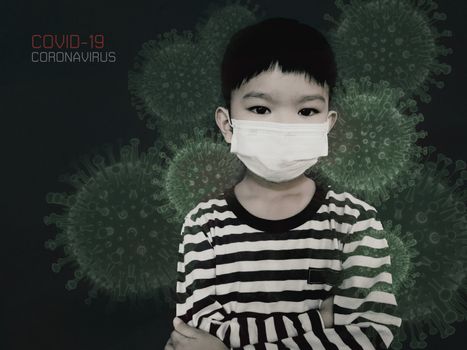 Asian boy wearing protective mask epidemic Coronavirus Wuhan, Child protects PM 2.5 dust and air pollution or respiratory virus. COVID-19.