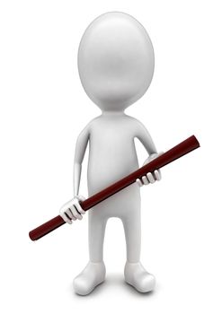 3d man holding a wodden stick in hands concept in white isolated background - 3d rendering , front angle view