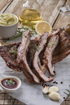 Closeup of pork ribs grilled with BBQ sauce and caramelized in honey