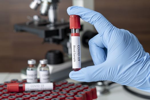 Cropped view of scientist in latex glove holding test tube with blood sample, Test tube with blood sample for COVID-19 test, novel coronavirus 2019.