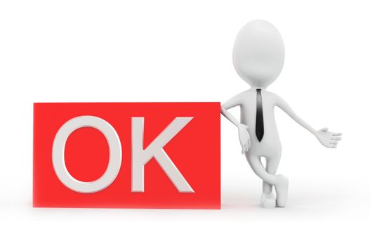 3d man presenting ok text in rectangular box concept in white isolated background , front angle view