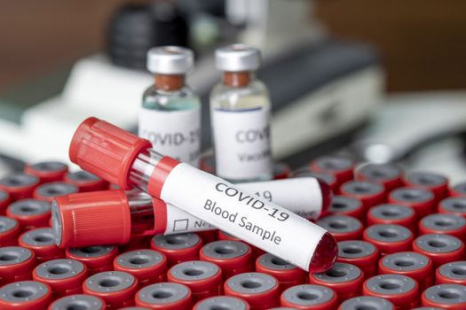 Stethoscope and blood sample vacuum tube. Covid-19 or Coronavirus Concept, Biological blood samples in test tubes and vaccine for the disease and syringe injection on a table. Laboratory test.