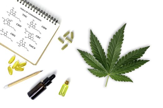 Cannabinol CBD, cannabis molecule. cannabis or hemp or marijuana chemical formula. Green concept isolated on white background. Cannabis leaves from hemp leaf, Top view weed, THC oil pharmaceutical.