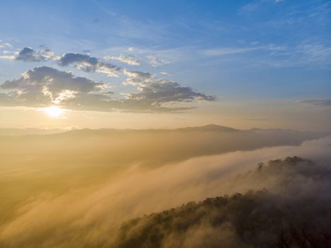 Aerial view forest in morning fog mist, breathing mountains, Sunshine on The Morning Mist.