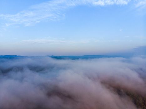 Aerial view forest in morning fog mist, breathing mountains, Sunshine on The Morning Mist.