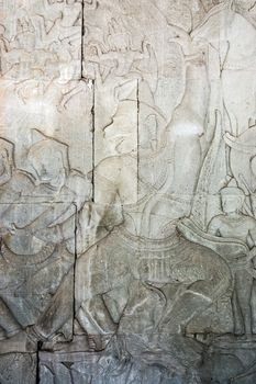 Ancient Khmer carving of the Hindu monkey god Hanuman. Gallery of the Churning of the Ocean of Milk, Angkor Wat temple, Siem Reap, Cambodia.
