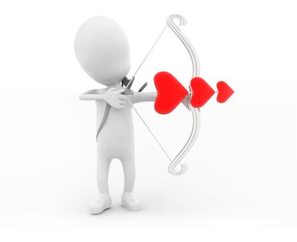 3d man holding arrow and bow - love sign bow in hands conceptin white isolated background , side angle view