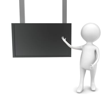 3d man presenting ablack board concept in white isolated background - 3d rendering , front angle view