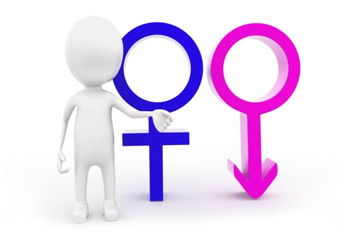 3d man presenting male and female sign concept in white isolated background , front angle view