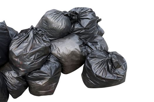 waste, black garbage bags plastic pile stack isolated on white background