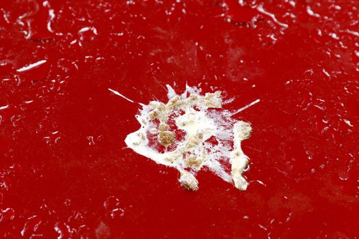 bird shit, drop of bird stain on red car surface, dirty waste of birds dropping splatter, dirty stain bird shit close-up, drop of bird poop splattered (selective focus)