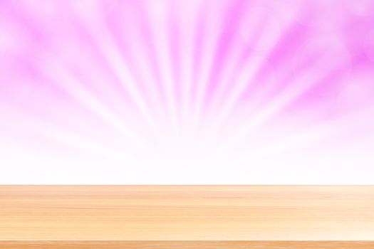 empty wood table floors on soft pink bokeh lights beam shine gradient background, wooden plank empty on pink bokeh colorful light shine, pink colorful bokeh lights gradient soft for banner advertising