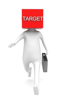 3d target headed man holding briefcase and running concept in white isolated background - 3d rendering , front angle view