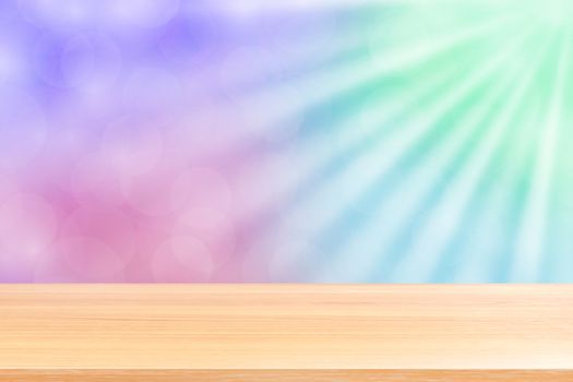 empty wood table floors on soft purple bokeh lights beam shine gradient background, wooden plank empty on purple bokeh colorful light shine, colorful bokeh lights gradient soft for banner advertising