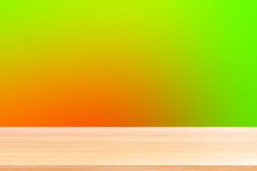 empty wood table floors on gradient red and green soft background, wood table board empty front colorful gradient, wooden plank blank on light red gradient for display products or banner advertising