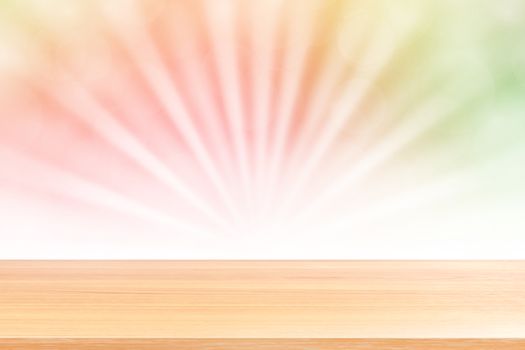 empty wood table floor on soft pink bokeh lights beam shine gradient background, wooden plank empty on green pink bokeh colorful light shine, colorful bokeh lights gradient soft for banner advertising