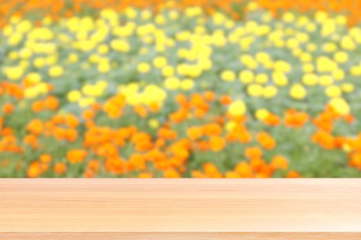 wood plank on blurred flower orange and yellow soft background, empty wood table floors on blurred flower orange and yellow garden nature background, wood table board empty for mock up display product