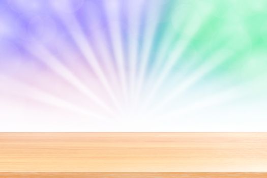 empty wood table floors on soft purple bokeh lights beam shine gradient background, wooden plank empty on purple bokeh colorful light shine, colorful bokeh lights gradient soft for banner advertising