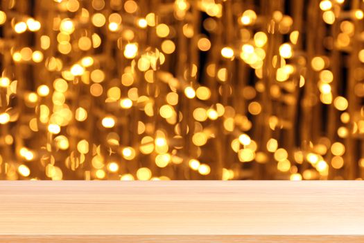 wood plank on bokeh golden yellow colorful background, empty wood table floors on bokeh glitter light gold luxury, wood table board empty front glittering gold, wooden on bokeh lighting shine gold