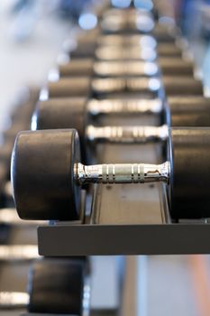 Closeup rows of metal dumbbells on rack in the gym