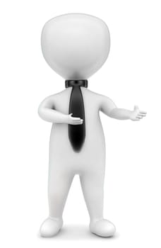 3d man wearing tie and explaining concept in white isolated background , front angle view