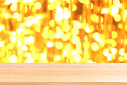 wood plank on bokeh golden yellow colorful background, empty wood table floors on bokeh glitter light gold luxury, wood table board empty front glittering gold, wooden on bokeh lighting shine gold