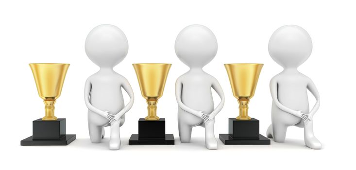 3d men standing near trophies concept in white isolated background - 3d rendering , front angle view
