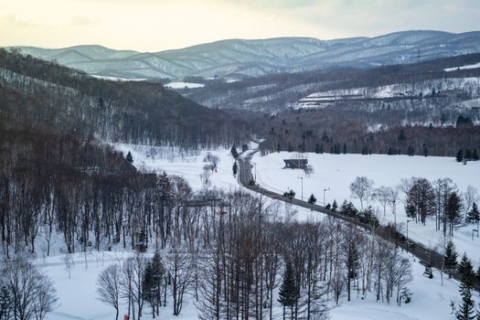 Winter snow mountain forest with road landscape.