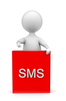 3d man presenting sms banner concept in white isolated background - 3d rendering , front angle view