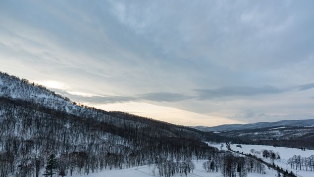 Snow covered trees on winter snow mountains. Winter snow mountain forest landscape.