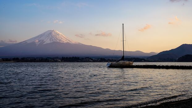 Beautiful Fuji mountain with Lake Kawaguchiko, Japan at Twilight times, fujisan