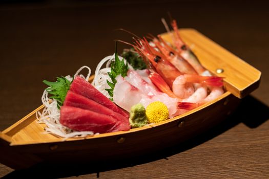 Assorted sashimi platter. Sashimi is fillet of raw fish.