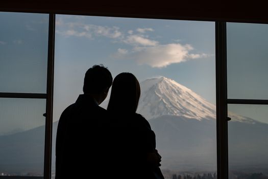 Shadow sweet couple at Mt. Fuji scene, Romantic concept , fujisan