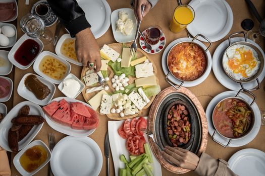 Top view shot of table with delicious food on table.
