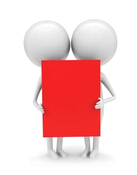 3d men holding red banner in hands concept in white isolated background - 3d rendering , front angle view