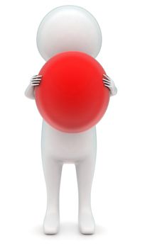 3d man holding a red ball in hands concept in white isolated background - 3d rendering , front angle view