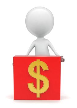3d man presenting dollar sign concept in white isolated background - 3d rendering , front angle view