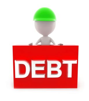 3d man presenting debt concept in white background,front angle view