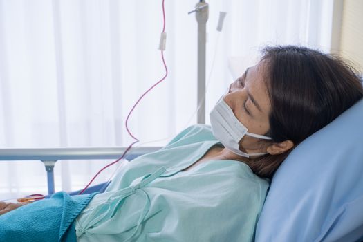 Asian woman is sick has a high fever, sneezing, is recuperating in the patient's dress lay on the patient bed in the hospital with face masks protect virus. covid19 concept