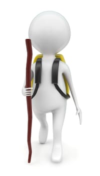 3d man trekking wearing bag concept in white isolated background - 3d rendering , front angle view