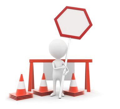 3d man presenting stop barrier / under construction concept on white isolated background