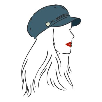 Isolated vector illustration. Pretty girl in a cap. Closeup female portrait. Hand drawn linear doodle sketch. Black silhouette on white background.