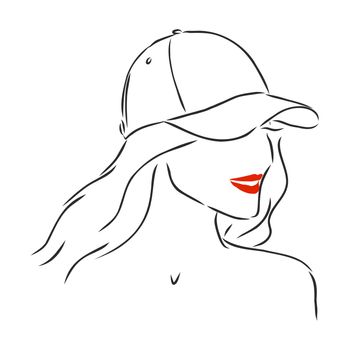Isolated vector illustration. Pretty girl in a cap. Closeup female portrait. Hand drawn linear doodle sketch. Black silhouette on white background.