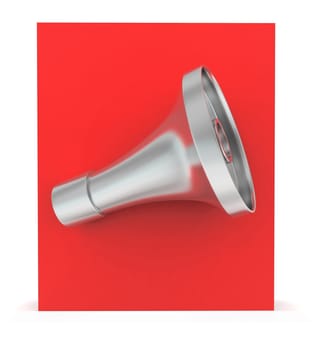 3d megaphone over red box concept in white isolated background - 3d rendering , front angle view